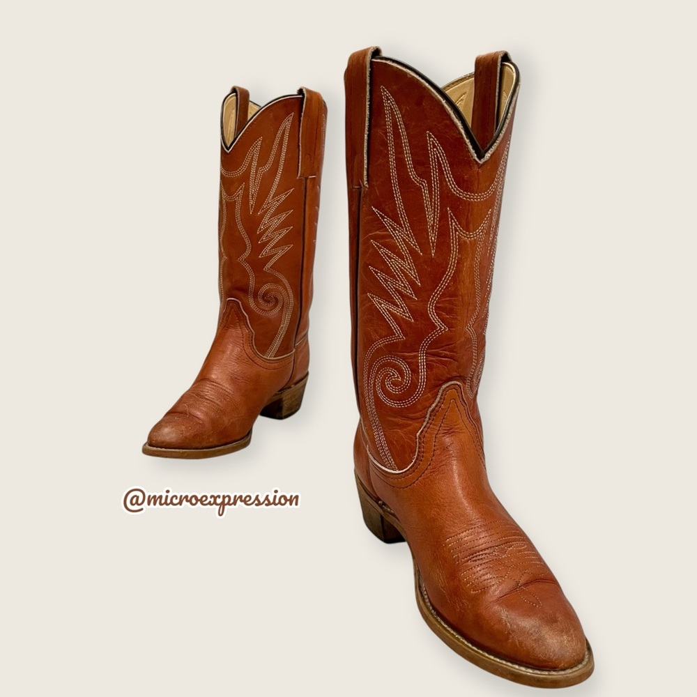 VINTAGE 1990s Frye Brown Tan Leather Pull On Low Heel Western Boho Cowboy Boot - Picture 8 of 16